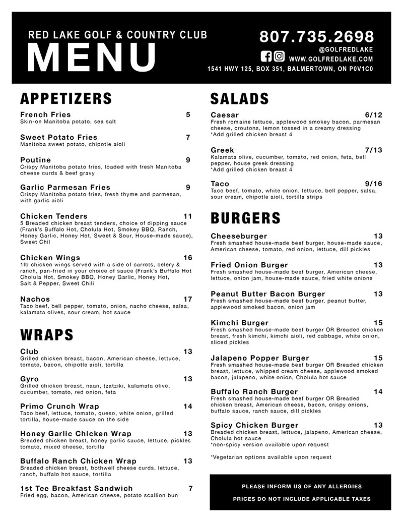 Takeout menu. Call for more information.